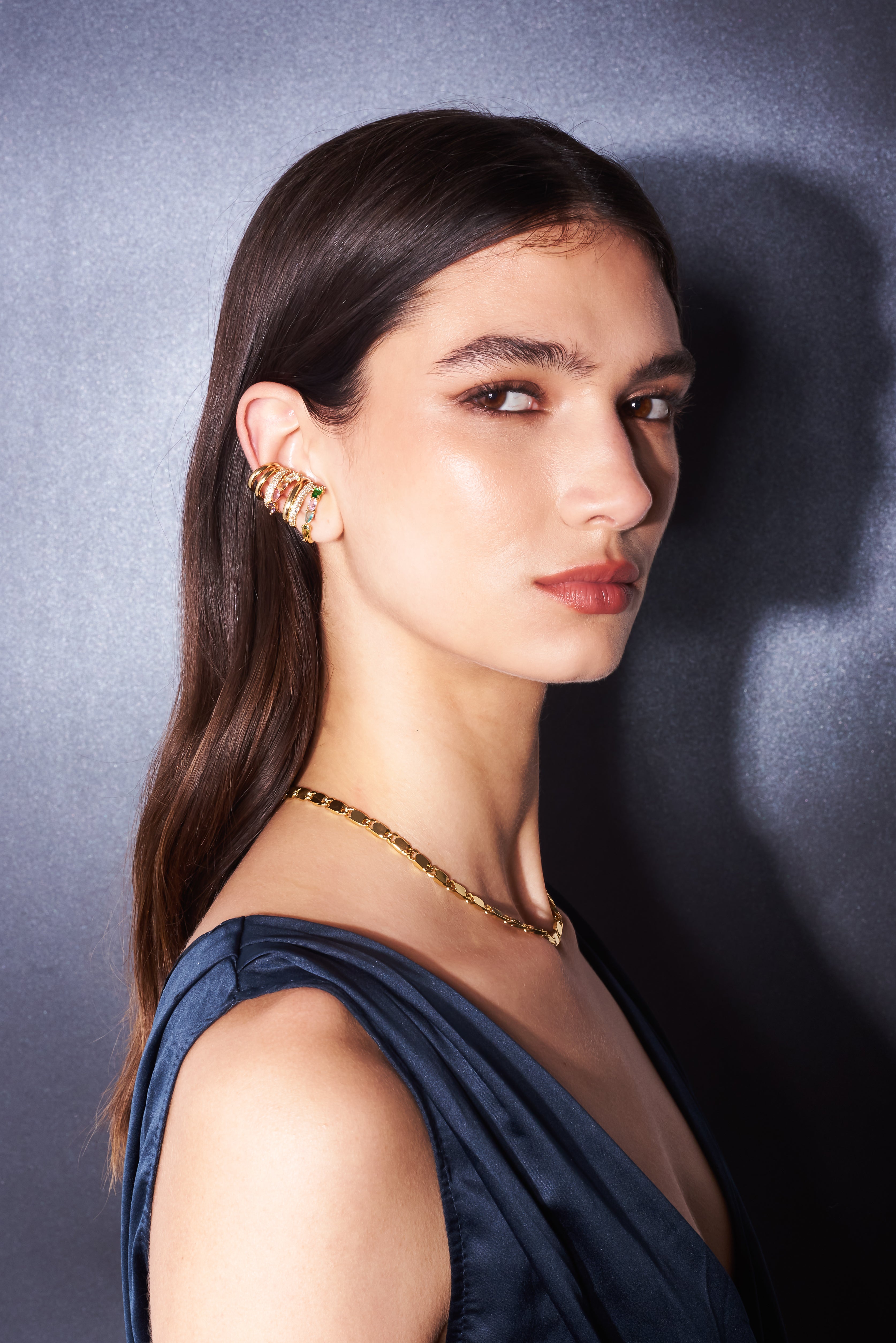 Model wearing earrings